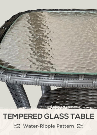 Outdoor Coffee Table with Storage Shelf, Hand-Woven Wicker Side Table with Water-Ripple Glass Top, Mix Gray