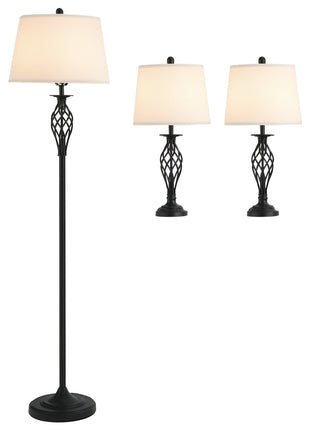 3 Piece Table Floor Lamp Set with Metal Pole, Round Base, and Fabric Lampshade, for Living Room, Black/White