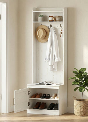 Narrow Hall Tree with Shoe Storage Bench, Rustic Entryway Bench with Coat Rack, Accent Coat Tree with Storage Shelves for Hallway, Mudroom, White Wood Grain