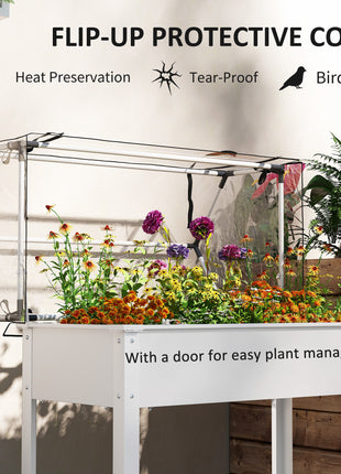 Elevated Garden Box with Greenhouse Cover, Raised Garden Bed with Legs and Drainage Hole for Vegetables, White