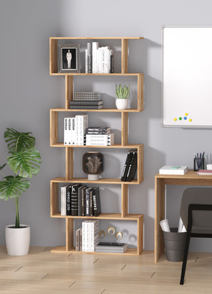 75.5" H Bookcase 6 Shelf S-Shaped Bookshelf Wooden Storage Display Stand Shelf Organizer Free Standing, Oak