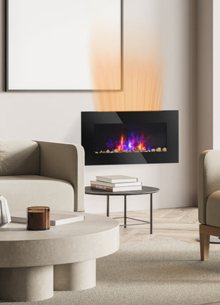 28.5" 1450W Electric Wall-Mounted Fireplace with Flame Effect, 7 Color Background Light, Black
