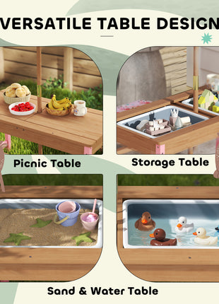 Kids Picnic Table Set with Foldable Umbrella, Removable Cushions & Boxes, Flamingo Theme, Pink