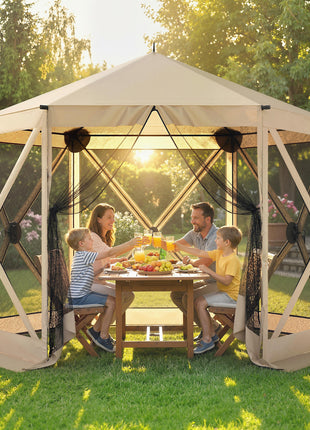 10 x 11 ft Pop Up Gazebo Screen Tent, Portable Instant Camping Canopy Screen House with Nettings, Carry Bag, Beige