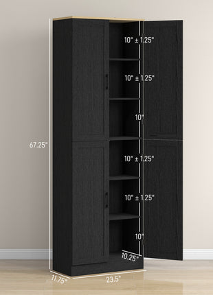 Freestanding Kitchen Pantry, 4-Door Kitchen Pantry Cabinet with Adjustable Shelves and Doors, Distressed Black