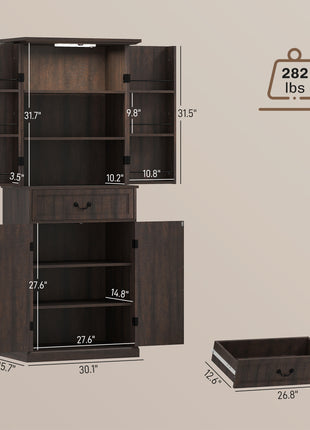 71" LED Kitchen Pantry Cabinet, Farmhouse Storage Cabinet with Door Shelves, Distressed Brown