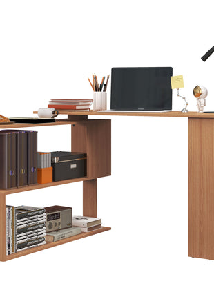 360° Rotating Home Office Desk L Shaped Corner Computer Desk with Storage Shelves, Writing Table Workstation, Teak