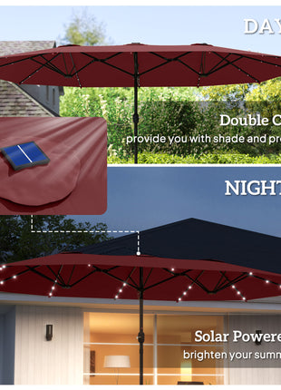 Garden Parasol 14.4ft Double-Sided Sun Umbrella with Base, Patio Parasol with LED Solar Lights, Wine Red