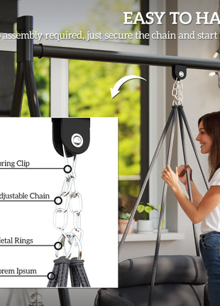 Hammock Swing Chair, Macrame Hanging Chair with Large Cushion, Chain, Steel Frame for Indoor Outdoor Use, Dark Gray
