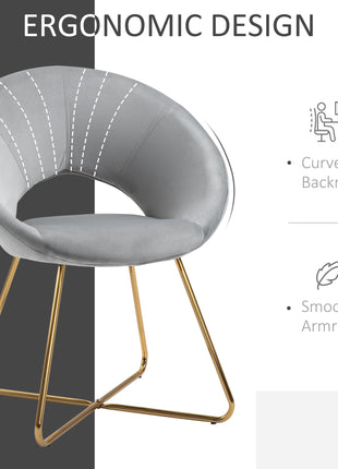 Modern Accent Velvet Chair Open Curved Mid-Back Upholstered Vanity Chair with Gold Plating Metal Legs Gray