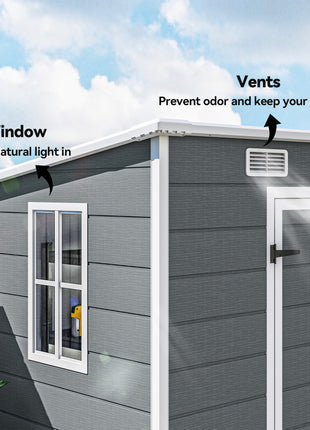 8' x 4' Plastic Outdoor Storage Shed with Floor, Window, Lockable Doors and Vents for Backyard Patio Lawn, Gray