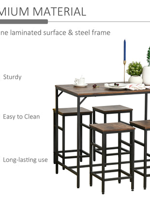 5-Piece Industrial Dining Table Set, Bar Table & 4 Stools Set, Space Saving for Pub & Kitchen, Rustic Brown/Black