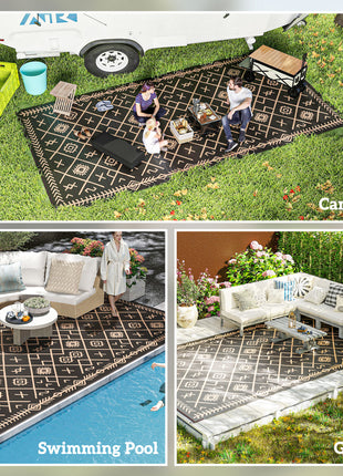 Reversible Outdoor Rug, Waterproof Plastic Straw with Carry Bag, 9' x 18', Black & Brown Rhombus