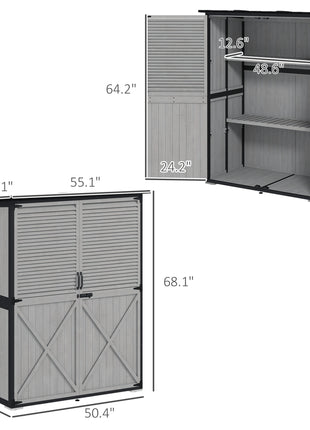 Wood Storage Shed, Outdoor Garden Shed with Asphalt Roof, 2 Shelves, Lockable Doors and Adjustable Feet, Gray