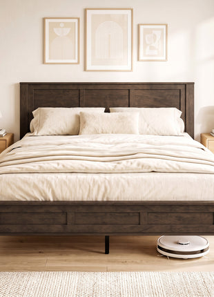 Queen Size Bed Frame with Headboard and Footboard, Mid-Century Modern Platform Bed Frame with Under-Bed Storage, Walnut