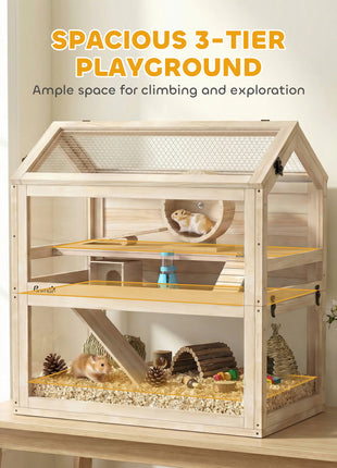 Wooden Hamster Cage, 3-Tier Small Animal Cage with Hut, Seesaw, Ramps, Exercise Wheel, Acrylic Panel and Bottom Tray