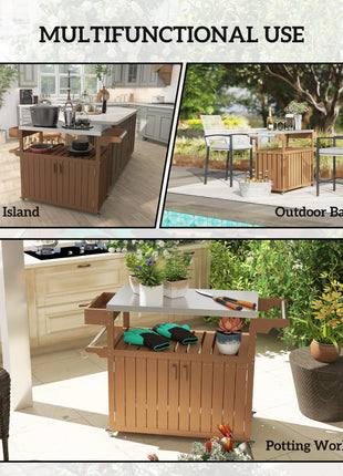Outdoor Bar Cart with Storage, Stainless Steel Outdoor Bar Table Top, Wheeled HDPE Kitchen Island for Food Prep, Brown