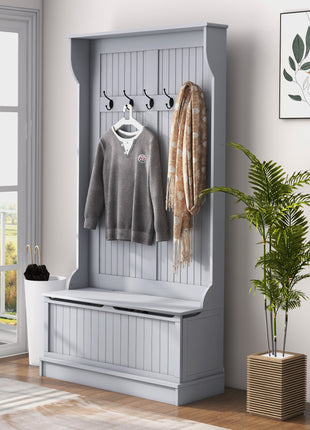 3-In-1 Entryway Bench with Coat Rack, Hall Tree with Bench and Shoe Storage, 5 Hooks for Hallway