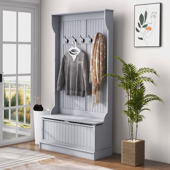 3-In-1 Entryway Bench with Coat Rack, Hall Tree with Bench and Shoe Storage, 5 Hooks for Hallway