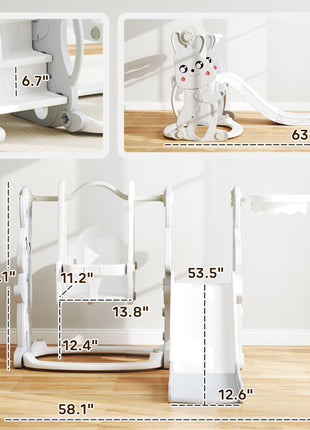 4 in 1 Toddler Slide and Swing Set with Climber, Basketball Hoop, Rabbit Themed Kids Playset for Ages 1.5-4, Gray