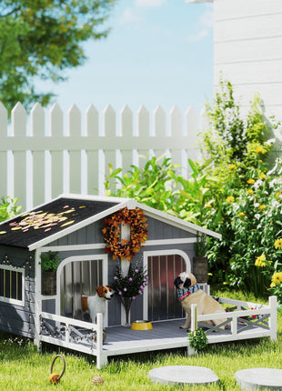 Dog House Outdoor, Wooden Dog Kennel Weatherproof with Porch, Openable Roof, Removable Bottom, Elevated Floor, Double Room for 2 Small to Medium Breeds, Gray