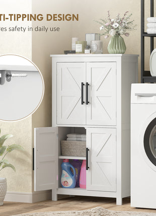 Bathroom Floor Storage Cabinet, Farmhouse Bathroom Cabinet with 4 Doors and Adjustable Shelf, White
