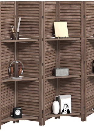 5 Panel 67" Tall Wood Privacy Screen Room Divider with 3 Shelves and Folding Storage for Bedroom, Walnut