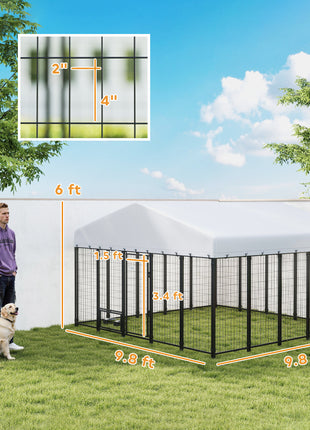 9.8' x 9.8' x 6' Outdoor Dog Kennel, Dog Kennel Outside Run with 360° Rotating Bowls, Waterproof & UV Resistant Cover