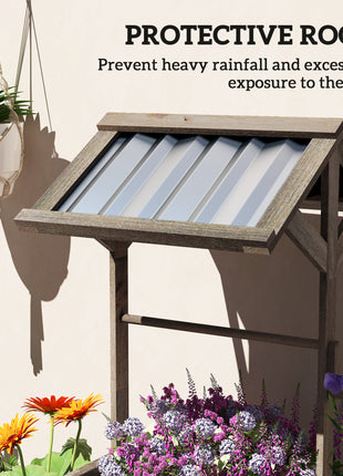 Wooden Wishing Well Planter, Raised Garden Bed with Galvanized Canopy, Hexagon Raised Flower Bed for Garden, Light Gray