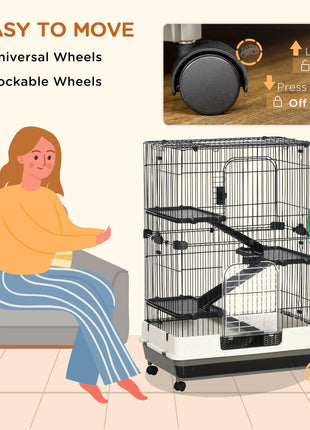 32"L 4-Level Small Animal Cage Rabbit Hutch with Universal Lockable Wheels, Slide-out Tray for Bunny, Chinchillas, Ferret, Black