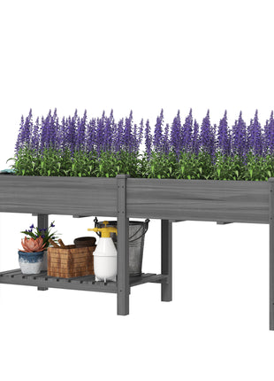 Wood Raised Garden Box, Elevated Garden Bed with Side Table, Bottom Shelf, Bed Liners and Drainage Holes, Gray