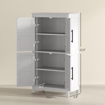 Bathroom Floor Storage Cabinet, Farmhouse Bathroom Cabinet with 4 Doors and Adjustable Shelf, White