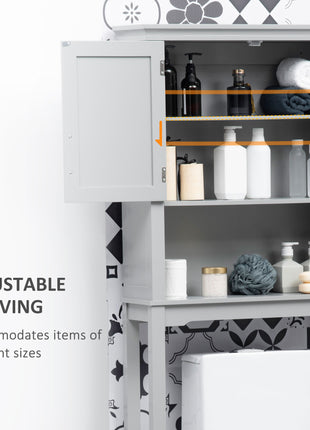Modern Over The Toilet Storage Cabinet, Double Door Bathroom Organizer with Inner Adjustable Shelf and Open Shelf, Gray
