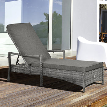 Wicker Chaise Lounge, 4 Position Adjustable Backrest and Cushions Outdoor Lounge Chair PE Rattan Sun Lounger for Poolside, Balcony or Garden, Dark Grey