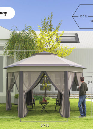 13' x 13' Pop Up Gazebo Hexagonal Canopy Shelter with 6 Zippered Mesh Netting for Patio Backyard Garden Wedding Party