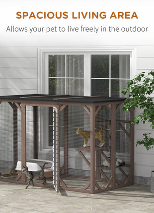 Outdoor Cat House, Catio Wooden Feral Cat Shelter, Cat Cage with Platforms, Large Enter Door, Weather Protection Asphalt Roof, 71" L, Brown