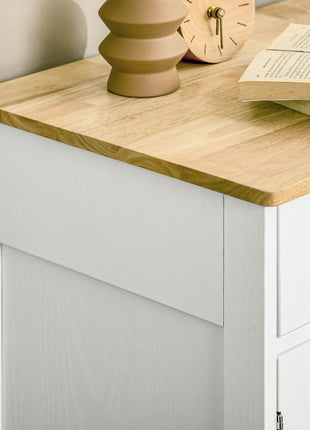 Kitchen Storage Cabinet, Sideboard Floor Cupboard with Solid Wood Top, Adjustable Shelf, and 2 Drawers, Distressed White