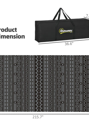Reversible Outdoor Rug, Waterproof Plastic Straw with Carry Bag, 9' x 18', Black & Gray Geometric Wall