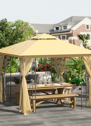 10' x 10' Metal Patio Gazebo, Double Roof Outdoor Gazebo Canopy Shelter with Tree Motifs Corner Frame and Netting, for Garden, Lawn, Backyard, and Deck, Beige