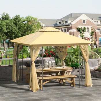  10' x 10' Metal Patio Gazebo, Double Roof Outdoor Gazebo Canopy Shelter with Tree Motifs Corner Frame and Netting, for Garden, Lawn, Backyard, and Deck, Beige