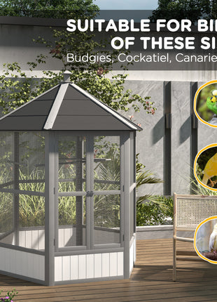 69" Wooden Hexagonal Outdoor Aviary Flight Bird Cage With Covered Roof, Light Gray