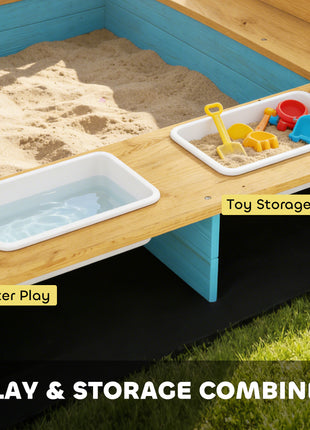 Wooden Sandbox with Dinosaur Print Canopy Kids Sandbox Outdoor with Bench Seats & 2 Storage Bins