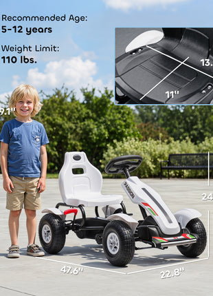 Kids Pedal Go Kart W/ Adjustable Seat, Rubber Wheels, White