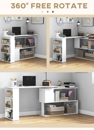 360° Rotating Home Office Desk L Shaped Corner Computer Desk with Storage Shelves, Writing Table Workstation, White
