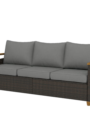 3 Seater Outdoor Couch Sofa, PE Wicker Patio Sofa, Wide Deep Seat, 4" Cushions, Wood-Effect Armrests Legs, Gray