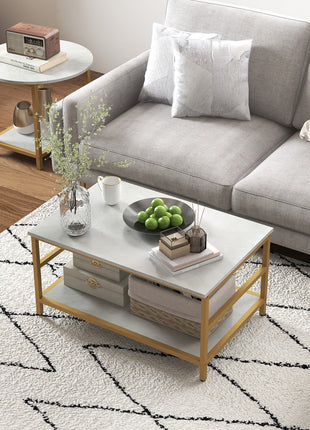 Coffee Tables Set of 2, Rectangle and Round Coffee Table with Storage Shelves, Faux Marble Top, Living Room Table Set