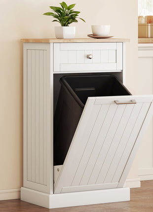 10 Gallon Tilt Out Trash Cabinet, Wooden Hidden Trash Can with Storage Drawer for Kitchen, Laundry Hamper Cabinet for Bathroom, White