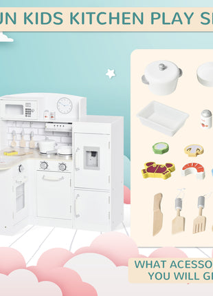 Corner Kids Kitchen Playset, Wooden Pretend Toy Kitchen Set with Drinking Fountain, Microwave, Fridge and Accessories, Pretend Play Kitchen for 3+ Years, White