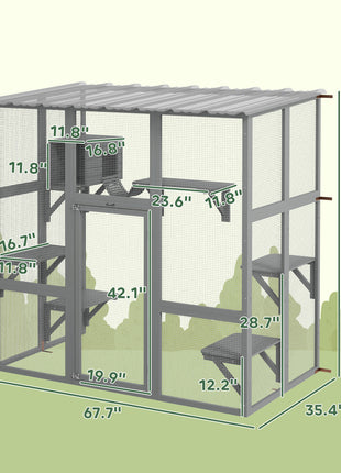Catio Outdoor Cat Enclosure, Window Box Wooden Cat House with Bridge Platforms, Gray