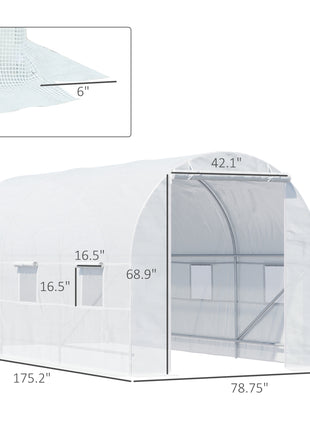 15' x 7' x 7' Walk-In Tunnel Greenhouse, Large Garden Hot House Kit with 6 Roll-up Windows & Roll Up Door, Steel Frame, White